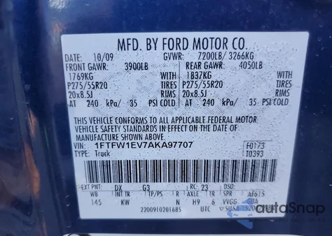 2010 Ford F150 Supercrew z USA, uszkodzony, nr VIN 1FTFW1EV7AKA97707